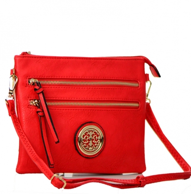 Faux Leather Double Zipper Crossbody Bag 80831A 37887 Red